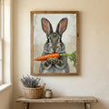 Framed oil painting print of a grey bunny holding a carrot, displayed on a beige wall above a wooden bench.
