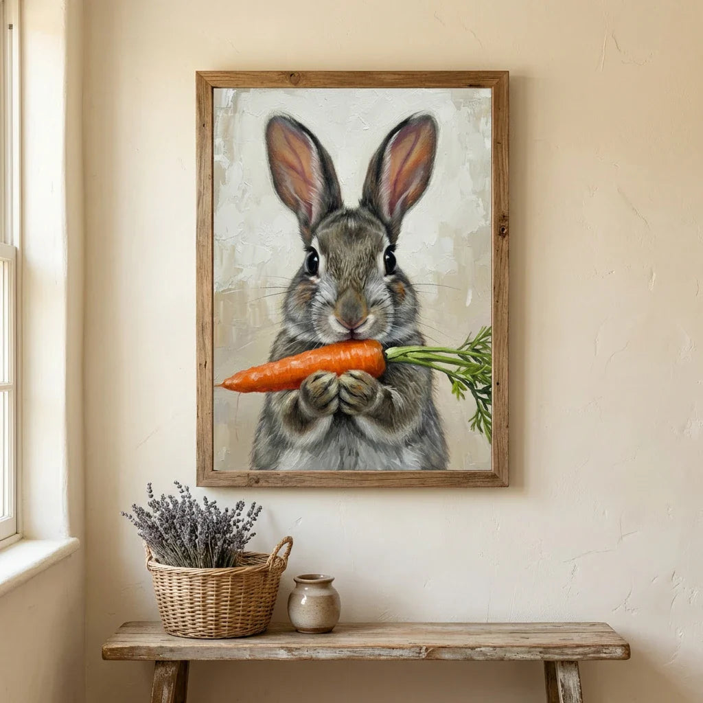 Framed oil painting print of a grey bunny holding a carrot, displayed on a beige wall above a wooden bench.
