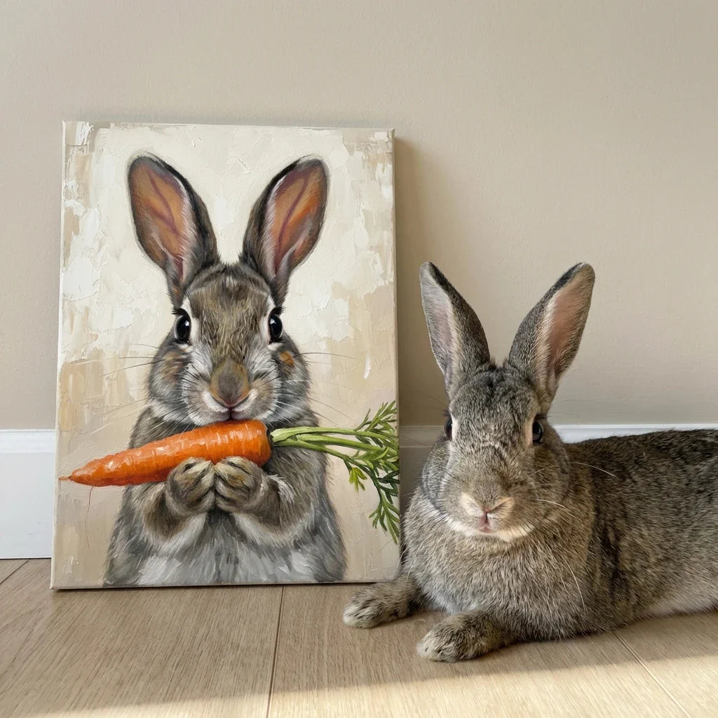 An oil-style canvas print of a grey rabbit eating a carrot, displayed next to the real-life pet against a beige