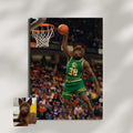 Framed print of a custom digital portrait showing a brown puppy as a basketball player dunking in a stadium jersey.