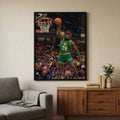 Framed print of a custom pet portrait featuring a dog in a basketball uniform slam-dunking in a stadium.