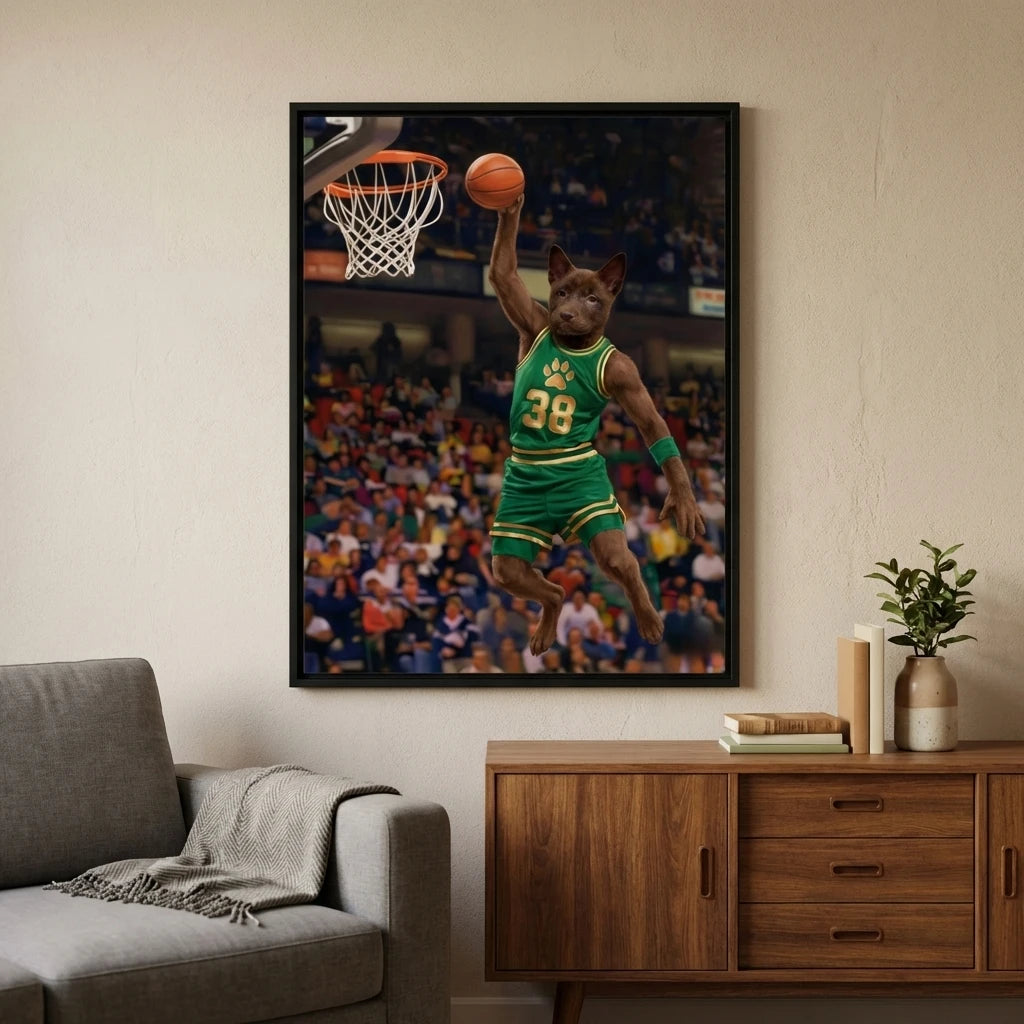 Framed print of a custom pet portrait featuring a dog in a basketball uniform slam-dunking in a stadium.