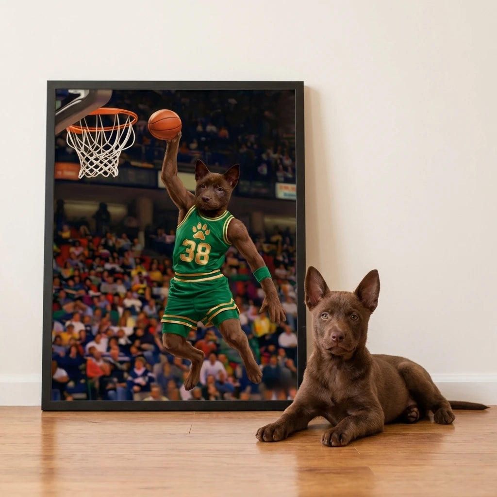 Framed wall print of a puppy basketball star in a green jersey dunking in a stadium, next to the real