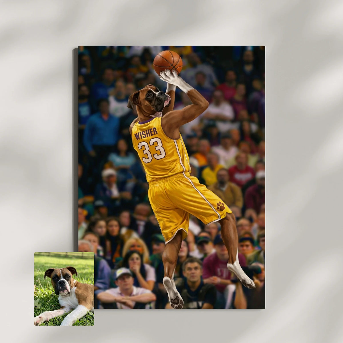 Custom digital portrait on canvas featuring a pet boxer dog wearing a yellow basketball jersey, leaping to shoot a ball.