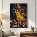 Framed wall art of a Boxer dog as a basketball player in a yellow jersey, shooting a fadeaway in a