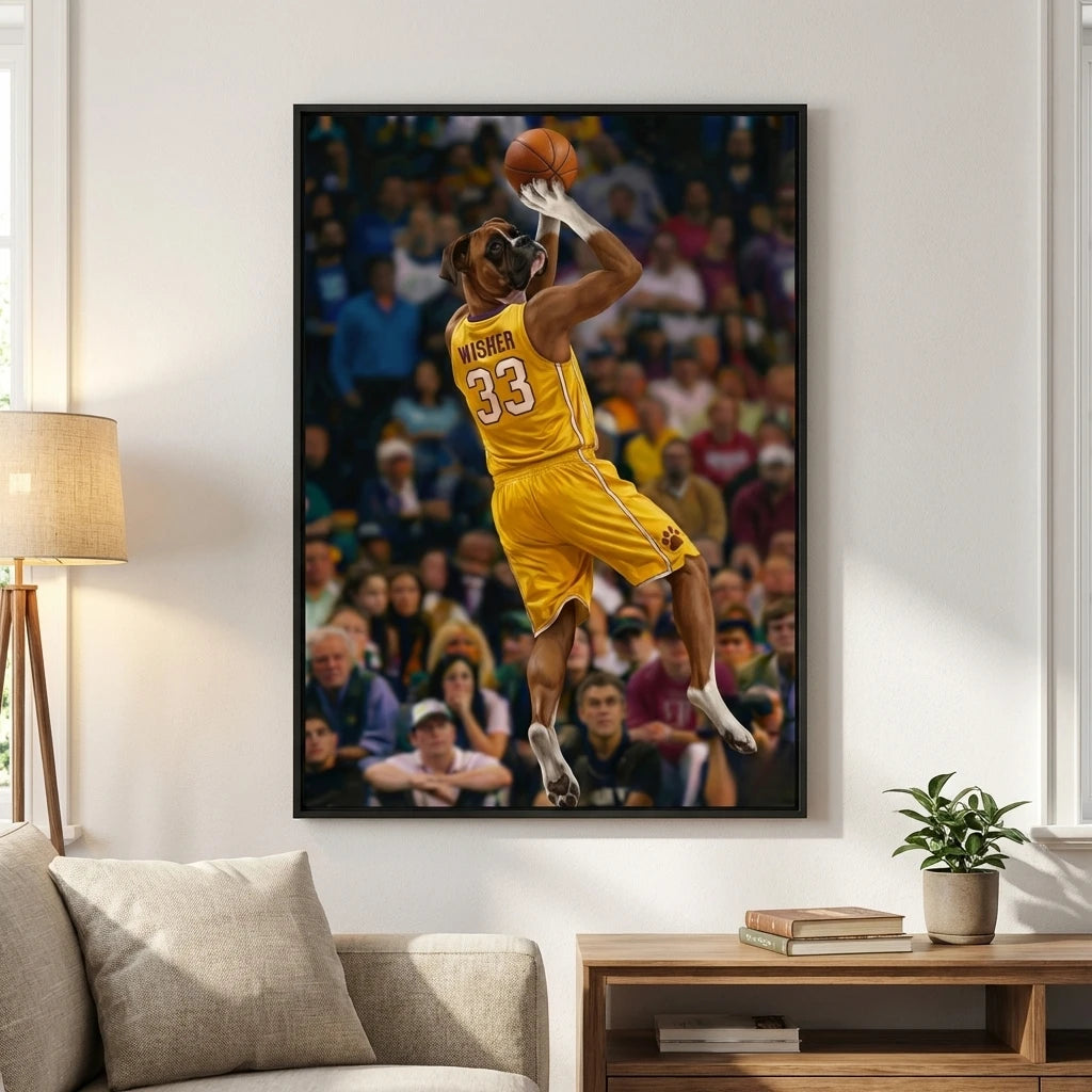 Framed wall art of a Boxer dog as a basketball player in a yellow jersey, shooting a fadeaway in a