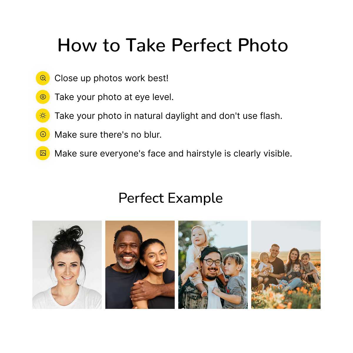 Infographic titled "How to Take Perfect Photo" displaying five photography tips above four examples of clear portraits.