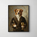 Framed print of an oil-style pet portrait featuring a dog in a luxury bathrobe holding a toothbrush and gold chalice.