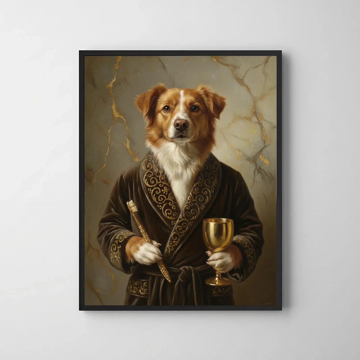 Framed print of an oil-style pet portrait featuring a dog in a luxury bathrobe holding a toothbrush and gold chalice.