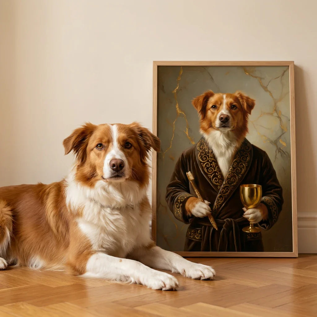 A framed oil painting of a dog in a robe holding a golden goblet and toothbrush, sitting beside the real