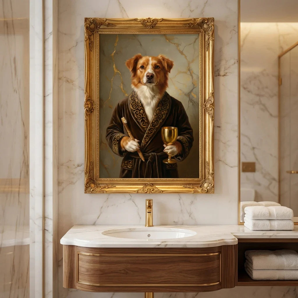 Framed oil-style portrait of a dog in a velvet robe and golden accessories hanging in a modern marble bathroom.