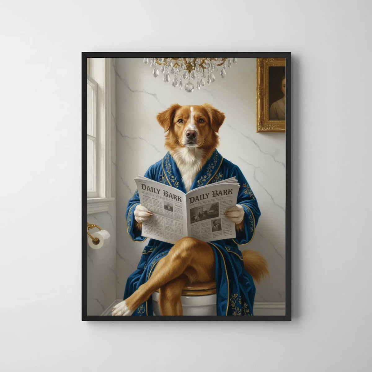 A framed print of a dog in a blue robe reading a newspaper while sitting on a toilet, rendered in
