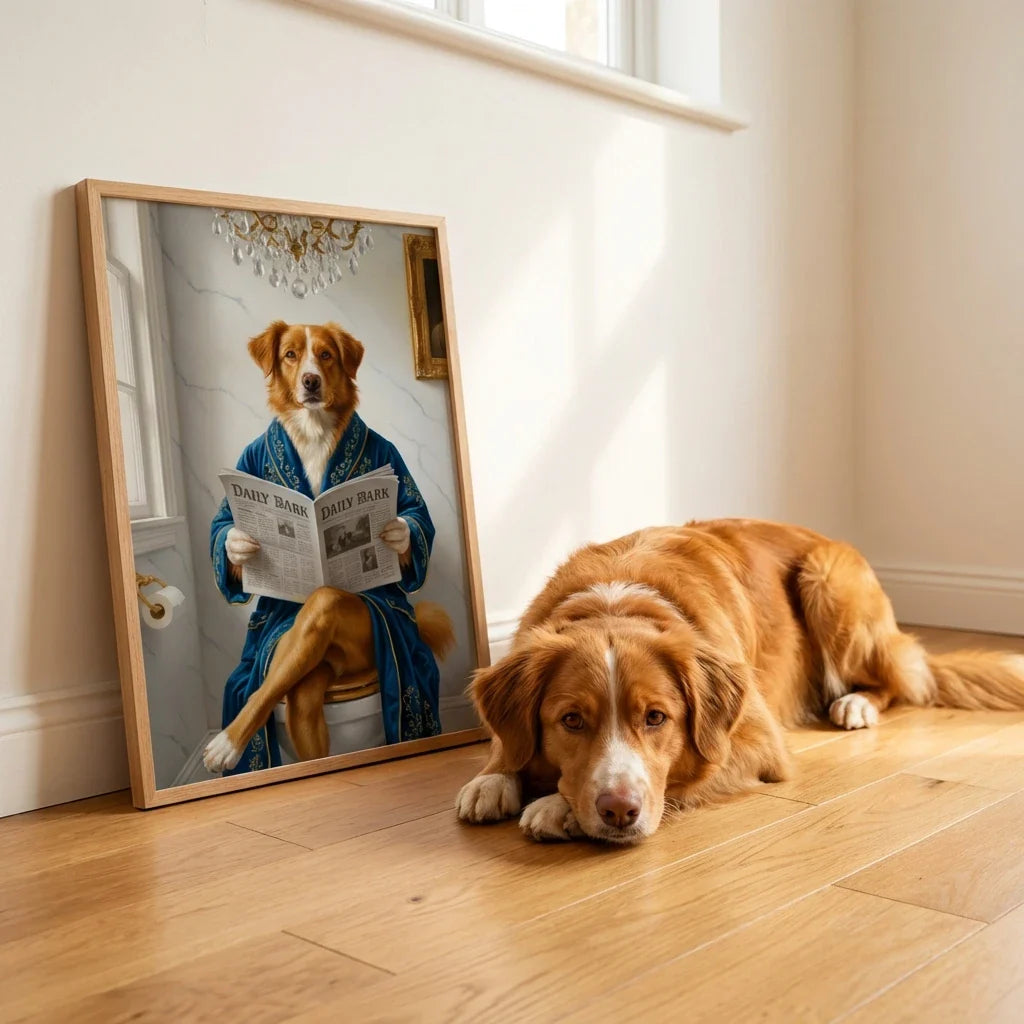 Framed oil-style portrait of a dog in a blue robe reading a newspaper on a toilet, resting beside a real