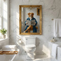 Framed oil-style pet portrait of a dog in a blue bathrobe reading a newspaper while seated on a toilet, in