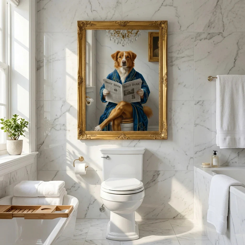 Framed oil-style pet portrait of a dog in a blue bathrobe reading a newspaper while seated on a toilet, in
