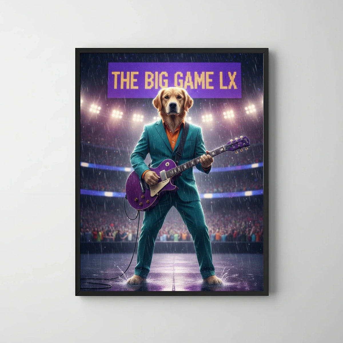 Framed print of a whimsical digital art portrait featuring a golden retriever in a teal suit playing a purple guitar