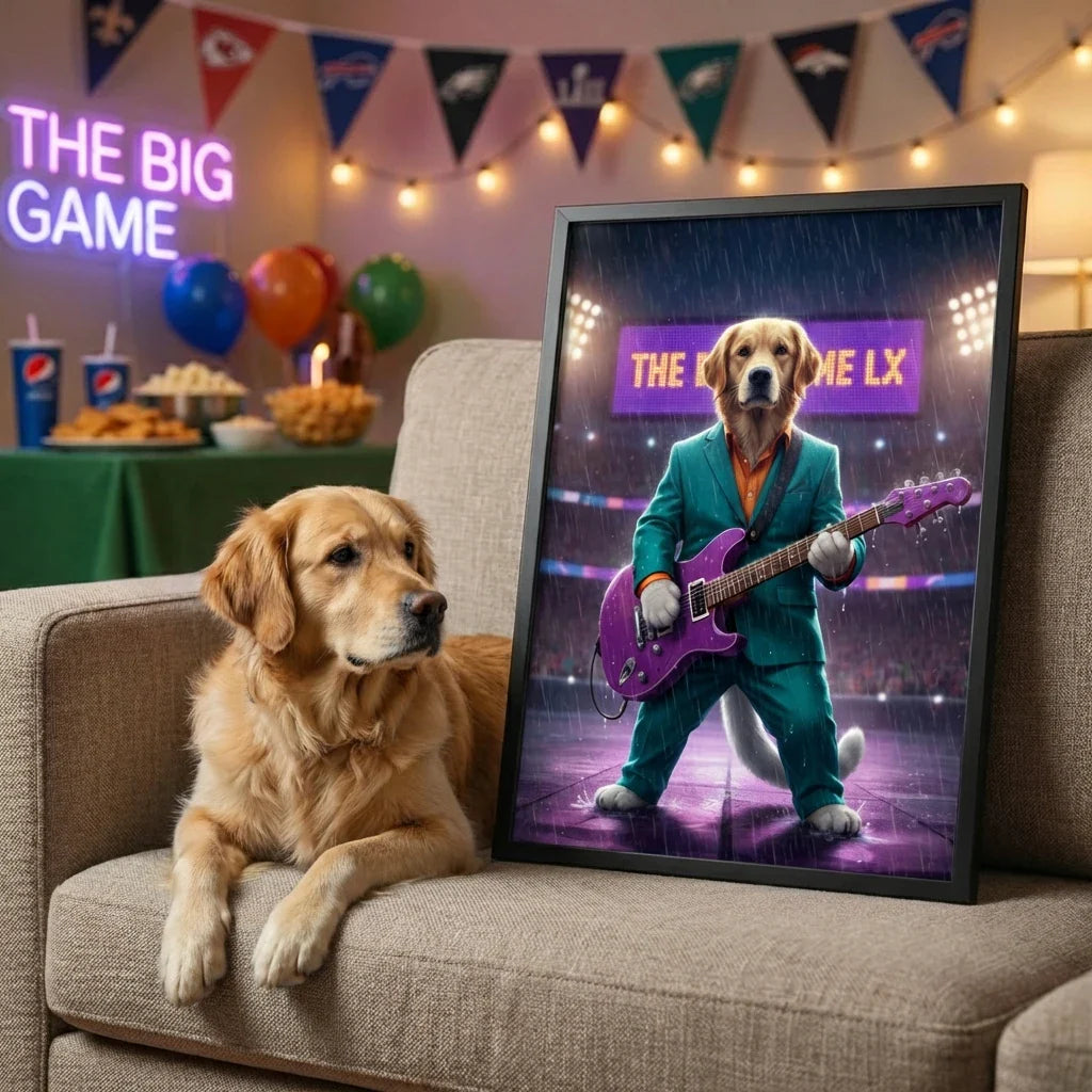 A golden retriever sits on a couch beside a framed, realistic portrait of a dog in a teal suit playing