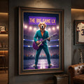 Framed art print of a dog wearing a teal suit and playing a purple guitar on a rainy stadium stage,