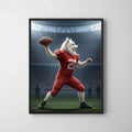 Framed print of a custom digital portrait featuring a white dog as a red-jerseyed quarterback throwing a football in a