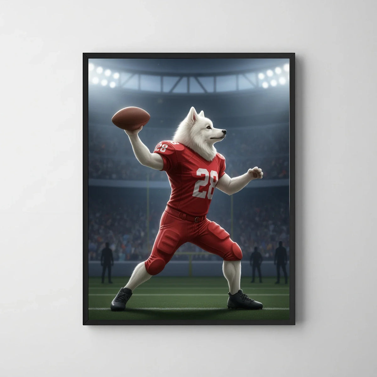 Framed print of a custom digital portrait featuring a white dog as a red-jerseyed quarterback throwing a football in a