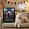 Framed print of a Samoyed as an American football quarterback in a red jersey, displayed in a cozy living room