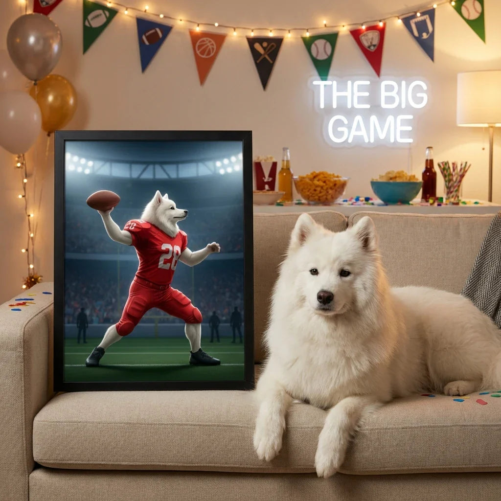 Framed print of a Samoyed as an American football quarterback in a red jersey, displayed in a cozy living room