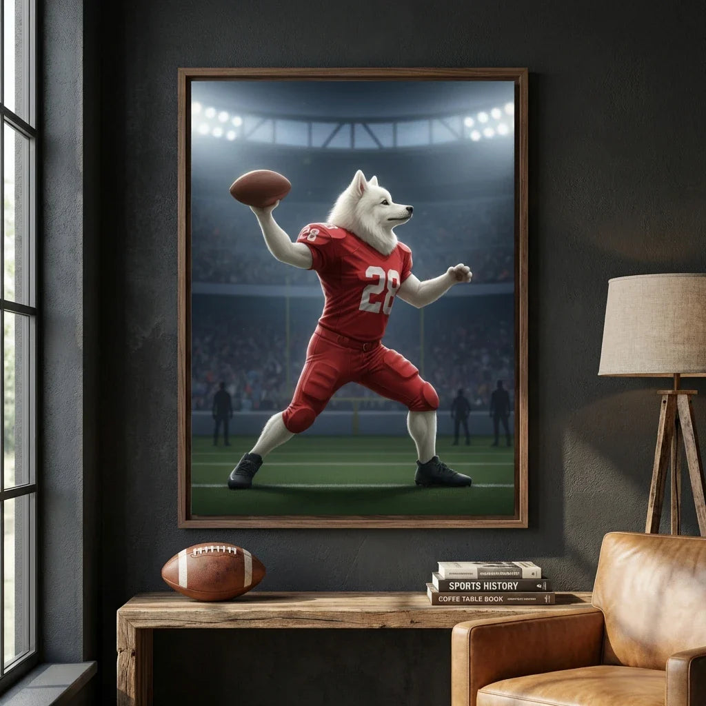 Framed wall art of a white dog as a football quarterback in a red jersey, posed to throw a ball