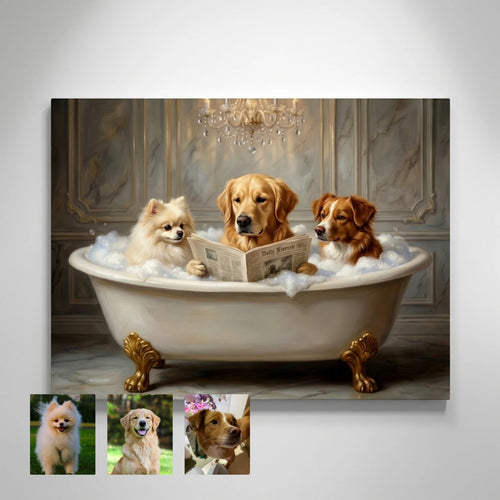 A framed oil-style print of three dogs in a bubbly bathtub, reading a newspaper in an elegant, chandelier-lit bathroom.