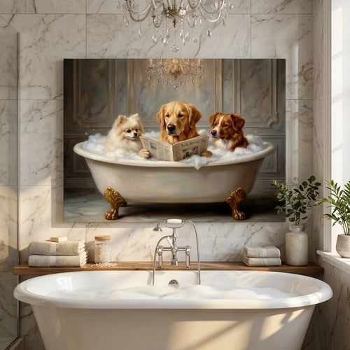 Framed oil painting of three dogs in a soapy bathtub reading a newspaper, displayed on a bathroom wall.
