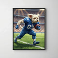 Framed print of an oil-style digital portrait featuring a white dog as a football player sprinting on a stadium field.