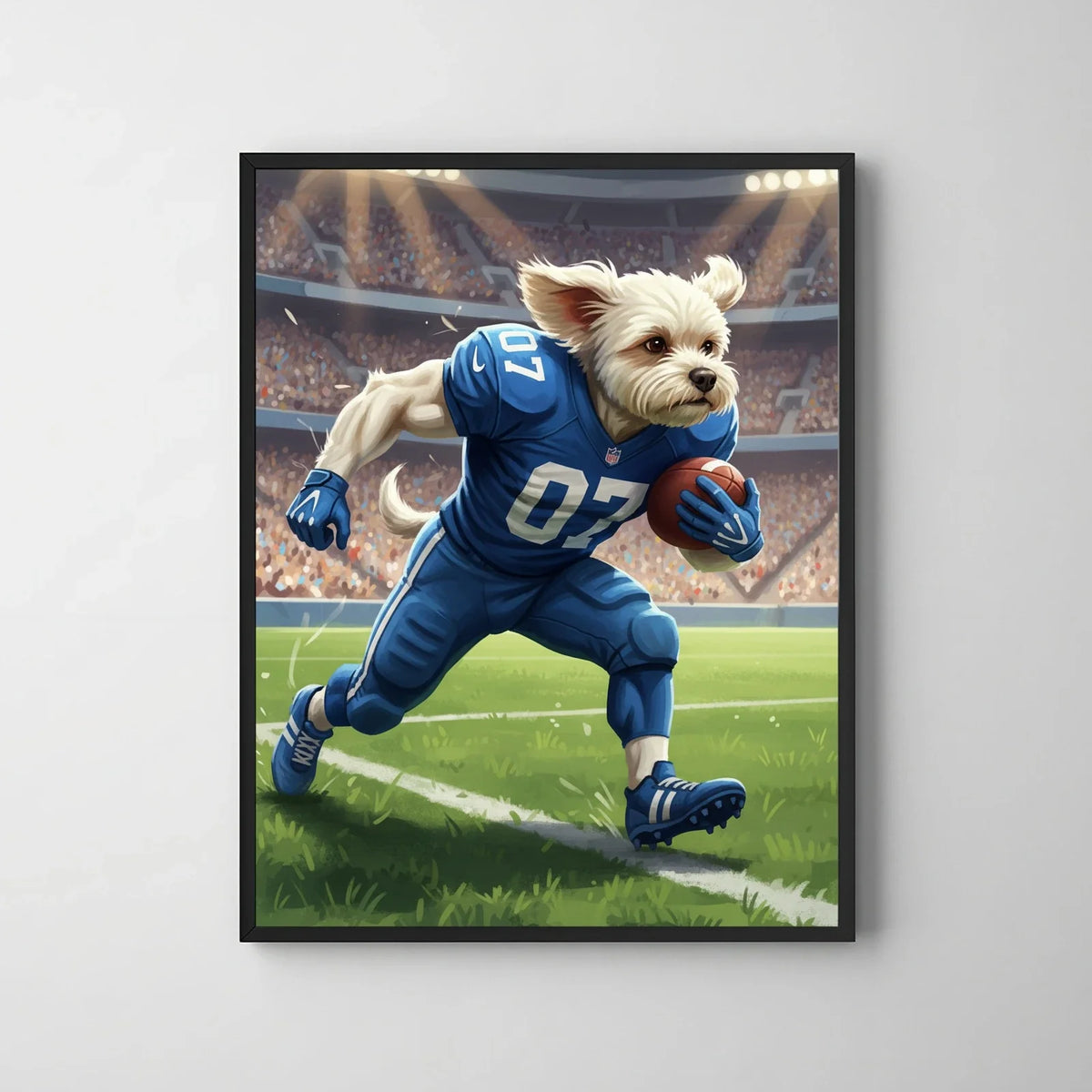 Framed print of an oil-style digital portrait featuring a white dog as a football player sprinting on a stadium field.