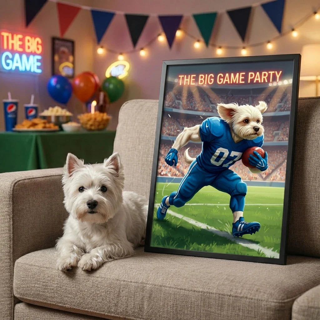 Framed print of a white dog as a muscular football player on a stadium field, sitting next to the real