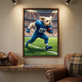 Framed print of a cartoon-style dog as a football running back in a blue jersey, sprinting across a stadium field.
