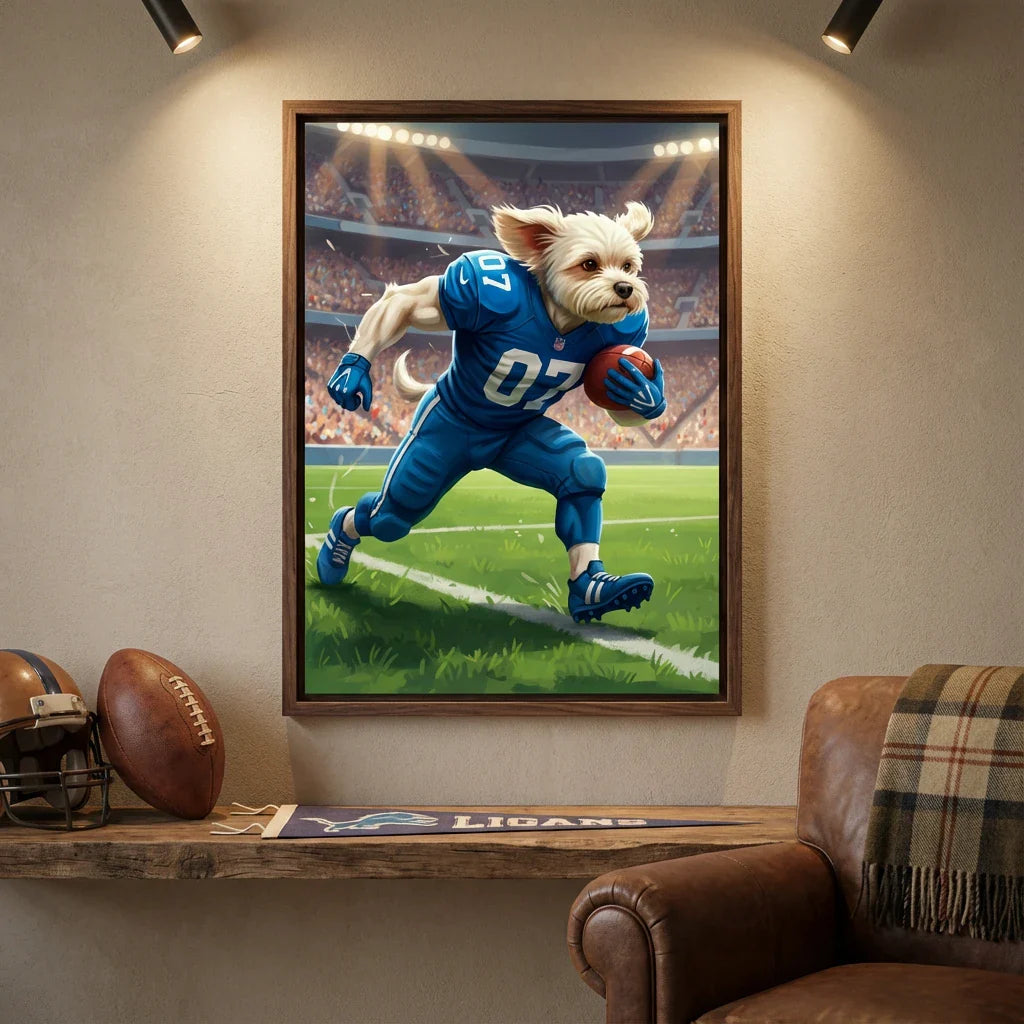 Framed print of a cartoon-style dog as a football running back in a blue jersey, sprinting across a stadium field.
