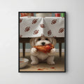 Framed print of a whimsical digital art portrait featuring a white puppy hiding under a football tablecloth, eating a wing.