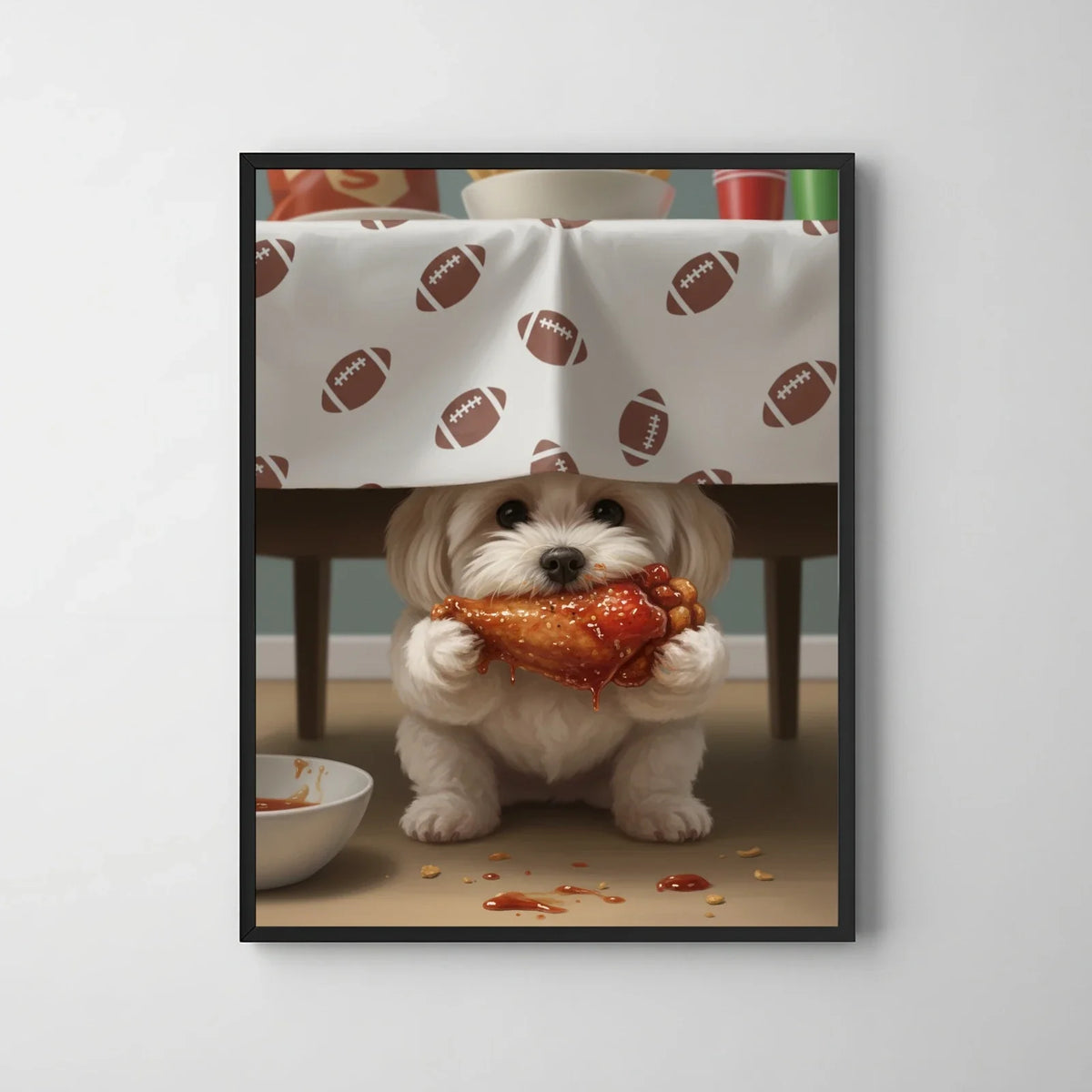 Framed print of a whimsical digital art portrait featuring a white puppy hiding under a football tablecloth, eating a wing.