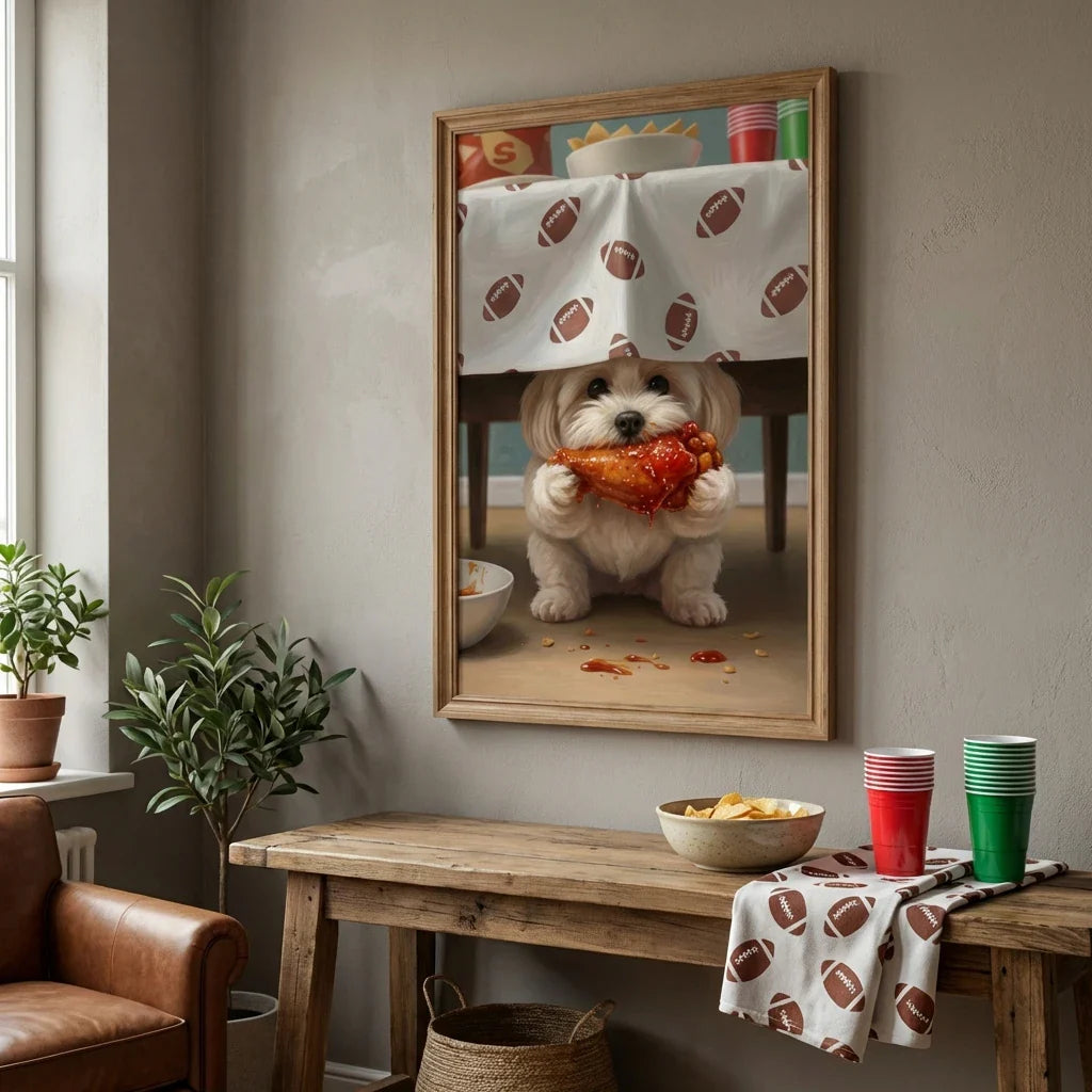 Framed wall art of a white dog eating a chicken wing under a football-patterned tablecloth in an oil painting style.