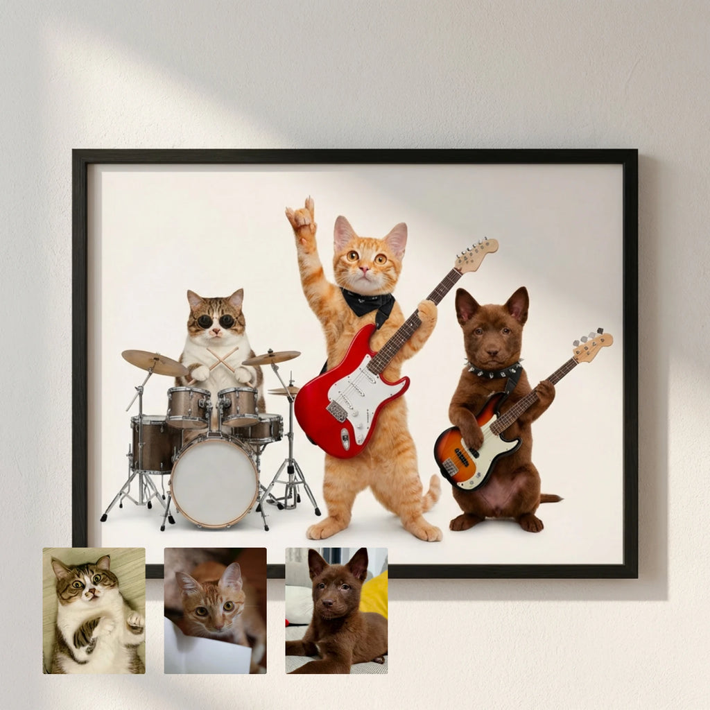A framed print of a custom pet portrait featuring a tabby drummer, ginger guitarist, and brown dog bassist in a
