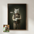 Framed portrait of a white cat dressed as a distinguished golfer in a brown vest and bowtie against a dark