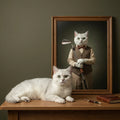 A white cat lies on a table beside a framed, oil-style portrait of a cat dressed as a distinguished golfer.