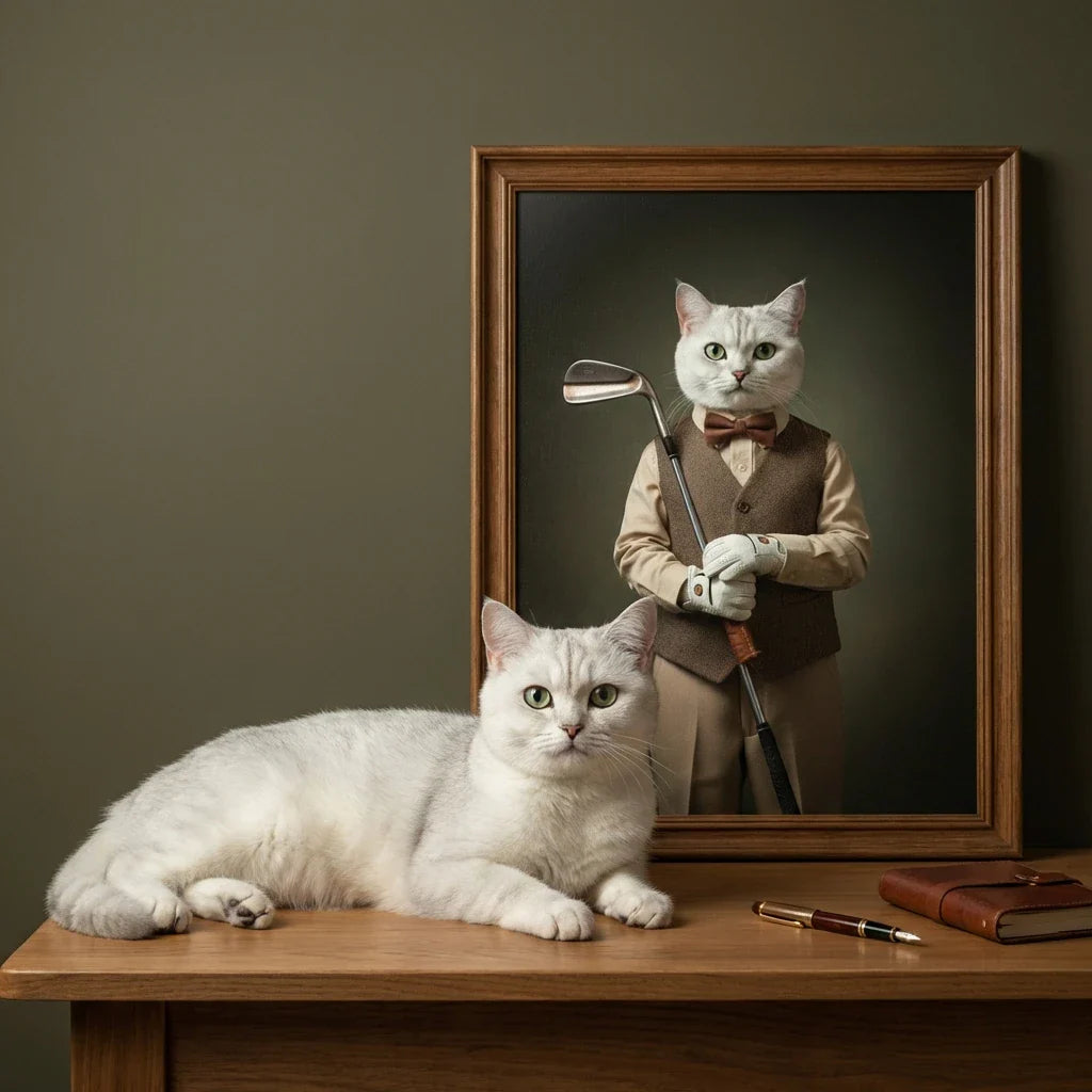 A white cat lies on a table beside a framed, oil-style portrait of a cat dressed as a distinguished golfer.
