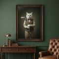 A framed portrait of a cat dressed as a distinguished golfer in a classic oil painting style, displayed on a