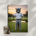 Framed wall art of a custom pet portrait featuring a raccoon dressed as a golfer on a course against a