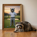 Framed print of a custom oil-style portrait featuring a raccoon dressed as a golfer on a course, beside a real
