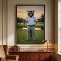 Framed wall art of a raccoon dressed as an elite golfer in a realistic digital style, standing on a lush