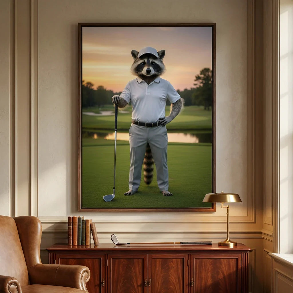 Framed wall art of a raccoon dressed as an elite golfer in a realistic digital style, standing on a lush