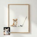 Framed print of a watercolor pet portrait showing a tan Chihuahua beside a golf ball and club on a white