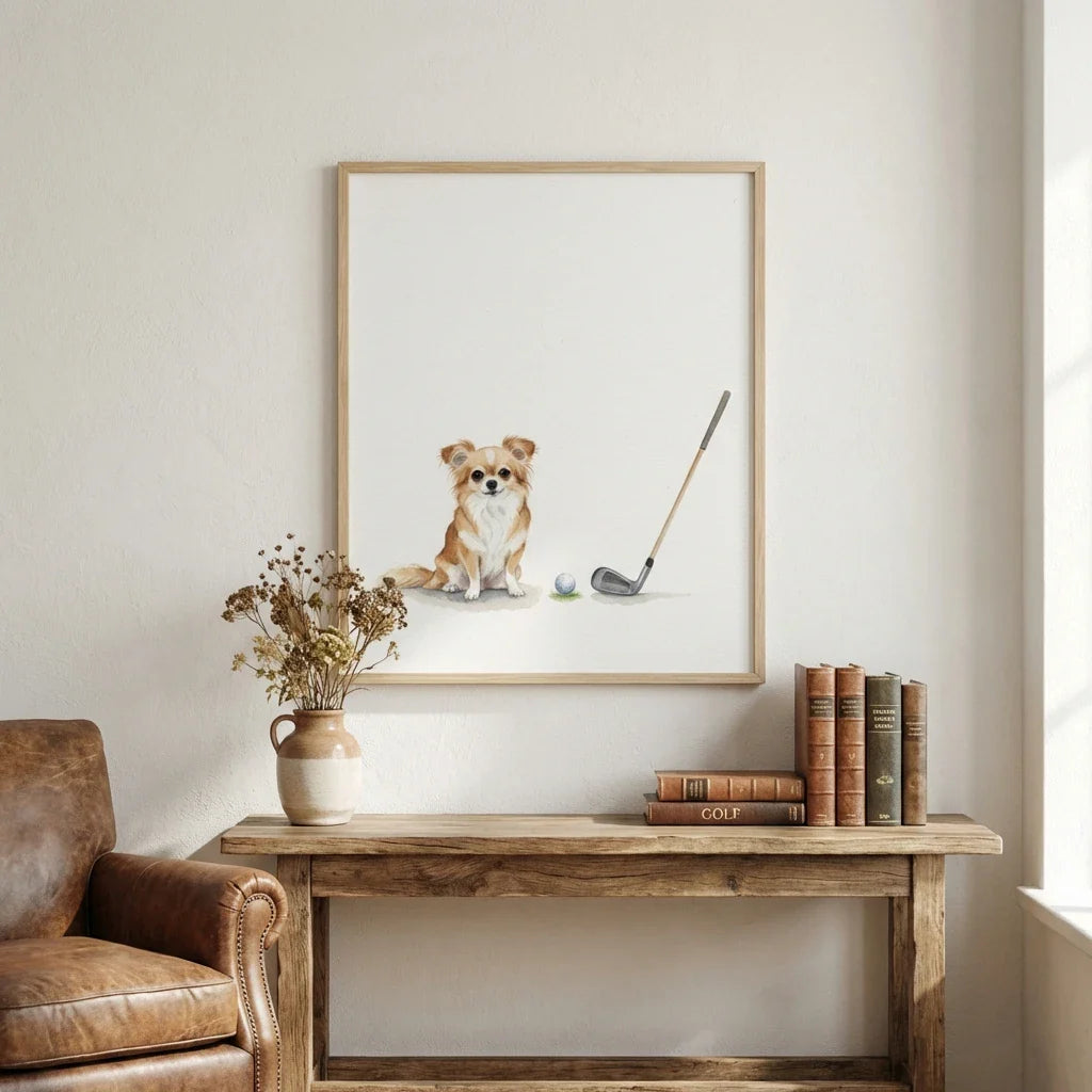 A framed watercolor-style portrait of a long-haired chihuahua next to a golf club, displayed in a rustic living room.