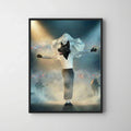 Framed print of a custom pet portrait featuring a black dog wearing a white shirt, performing on a concert stage.