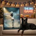 Framed portrait of a black dog dressed as a pop star performing on stage, displayed in a festive, party-themed living